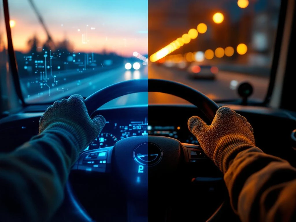 Vrachtwagenstuur met bestuurder tegenover autonome truck met AI-circuits, contrast tussen traditioneel en geautomatiseerd transport