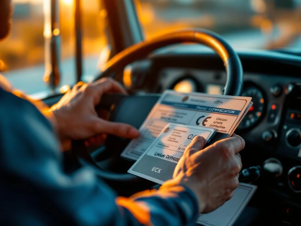 Vrachtwagenchauffeur houdt stuur vast met CE-certificaten en vakbondspasjes op dashboard in gouden zonlicht